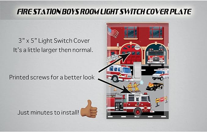 Fire House Boys Room Light Switch Cover Plate Kids Decorative Nursery Teen Toddler Room Decor Bedroom Bathroom Playroom (Fire Truck Station)