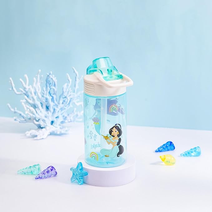 Zak Designs Disney Princess Sage Water Bottle For School or Travel, 16oz Durable Plastic Water Bottle With Straw, Handle, and Leak-Proof, Pop-Up Spout Cover (Ariel & Jasmine)