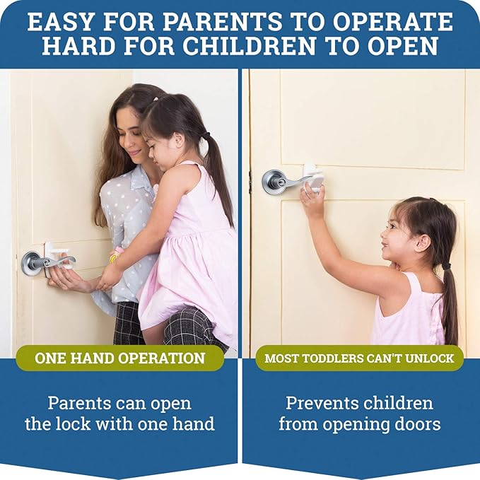 Door Lever Lock (1 Pack) Prevents Toddlers from Opening Doors. 3.25" L * 1.5" W * 4.5" H Easy One Hand Operation for Adults. Durable ABS with 3M Adhesive Backing. Simple Install, No Tools Needed.