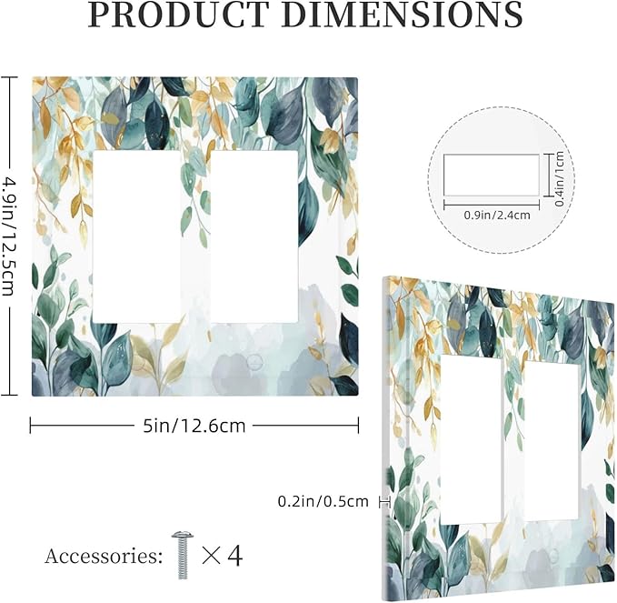Boho Goldgreen Leaf Botanical Eucalyptus Leaves Decorative Outlet Covers 2 Gang Double GFCI Rocker Electrical Wall Panels Light Switch Cover Plate for Bedroom Living Room Decor
