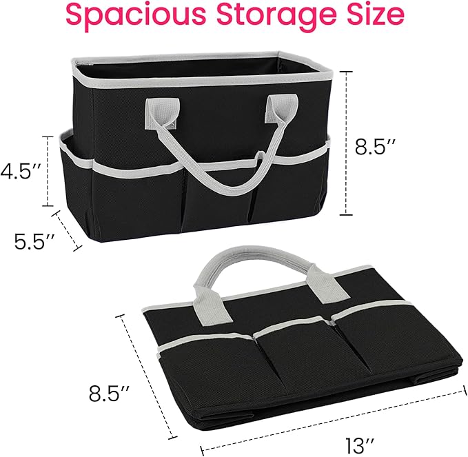 Godery Desktop Tote and Stock Organizer, Teacher Helper Tote Bag Organization for Arts, Books, Stationery, Office Desk Organizer, Make-up Storage Tote with Handles for Travel, Black-Gray