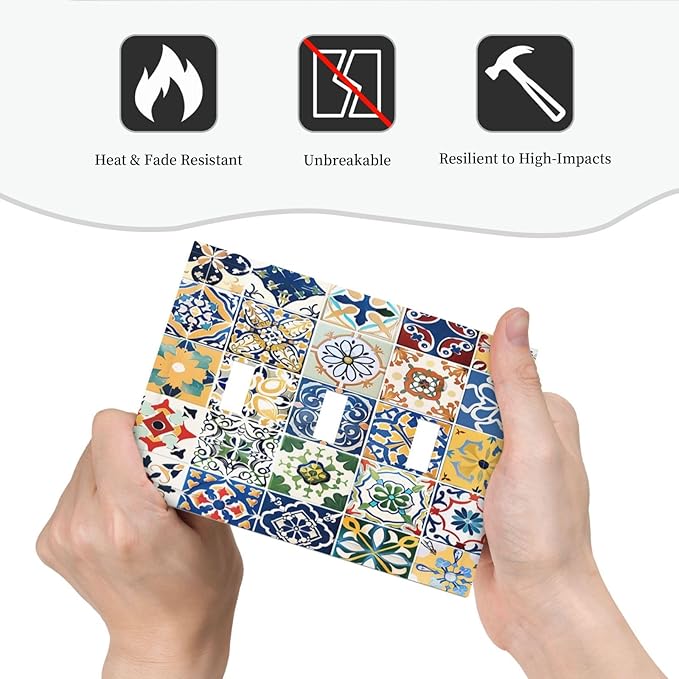 Decorative Switch Plates Moroccan Traditional Mexican Talavera Til 3 Gang Wall Plate Triple Toggle Light Switch Cover Faceplate Electrical Wall Panels for Kitchen Home Decor