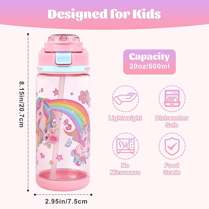 decalsweet Kids Water Bottle 20oz Durable Leak-Proof Plastic Water Cup for Kids Toddlers,With Straw Handle and Pop-Up Spout Cover,Safe for School Sports Daycare Travel & Camp Pack of 2