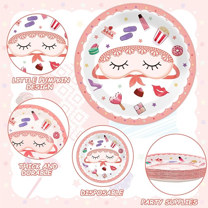 Pajama Party Plates Napkins Sleepover Tableware Set - Spa Party Dinnerware Slumber Cutlery for Girls - Disposable Decoration for 24 Guests