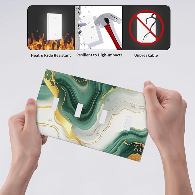 Light Switch Covers Turquoise Marble Texture Golden Lines Quad Toggle Electrical Faceplate 4 Gang Wall Plate Decorative Switch Plates For Bed Room Bathroom Decor
