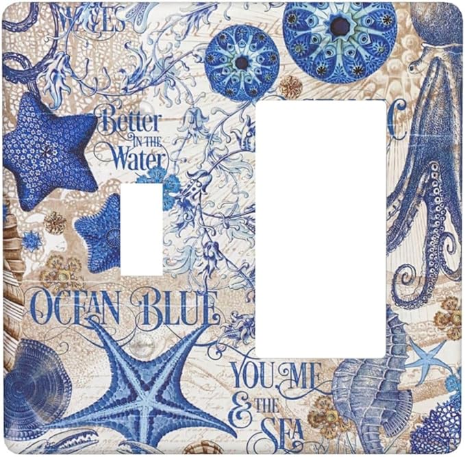 Outlet Covers Vintage Sea Blue Seahorse Starfish Octopus 1 Toggle 1 Rocker Combination Decorative Wall Plate Electrical Switch Plates Light Switch Cover Plate For Kids Room Home Decor