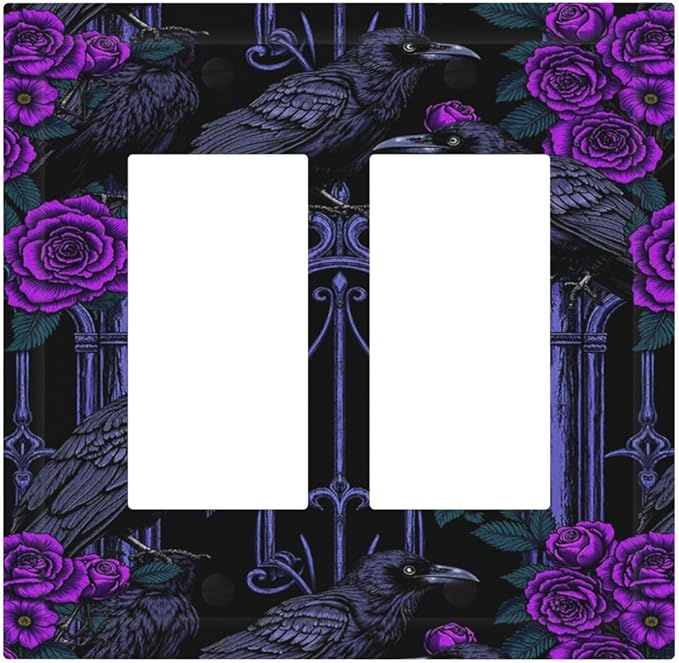 Decorative Outlet Covers Gothic Style Crow Purple Flowers 2 Gang Double GFCI Rocker Electrical Wall Panels Light Switch Cover Plate for Bedroom living Room Decor