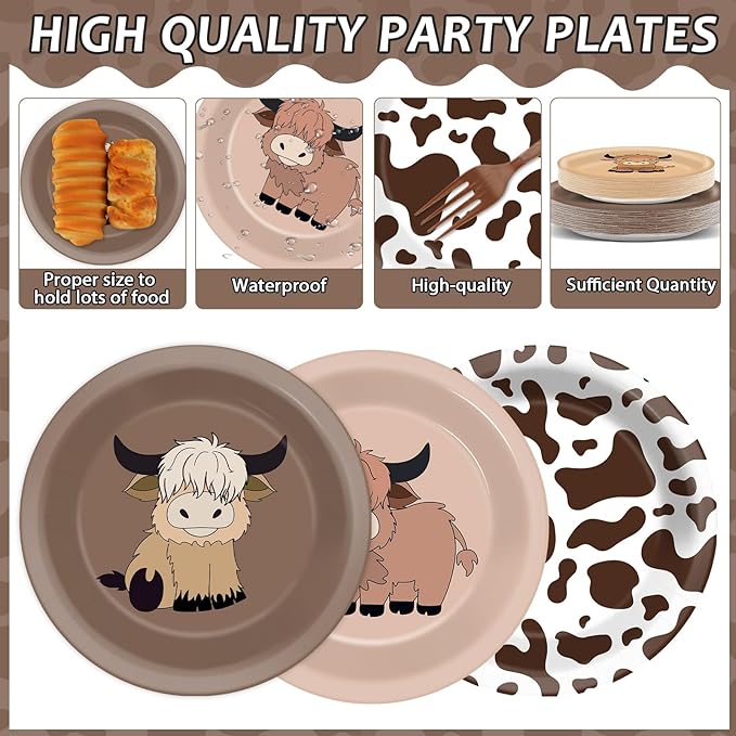 96Pcs Highland Cow Birthday Party Supplies Brown Highland Cows Paper Plates Napkins Holy Cow Park Party Tableware Disposable Checkered Dinnerware Decoration Set for Kids Birthday Baby Shower Table Dec