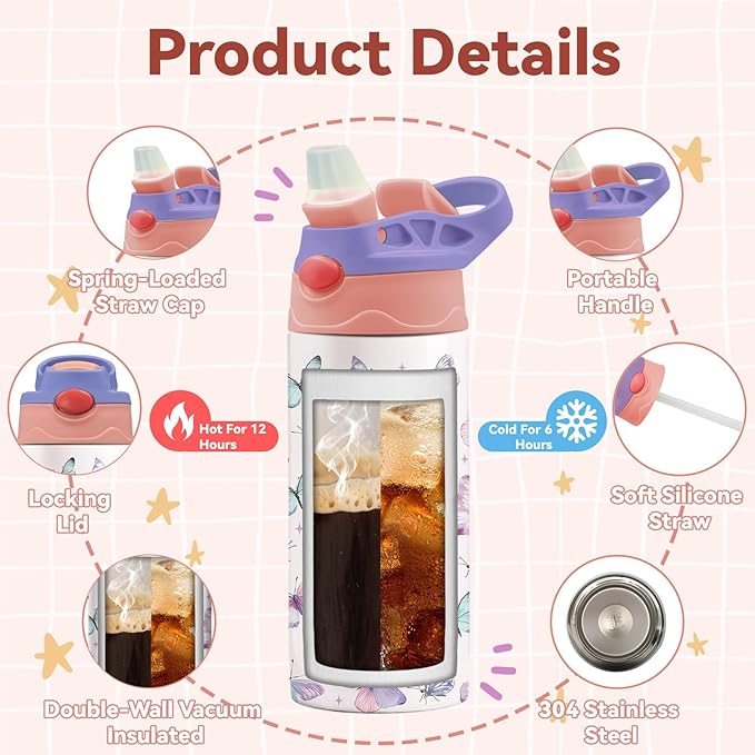 12oz Butterfly Kids Water Bottle, Colorful Butterflies Water Bottle for School, Kids Insulated Bottles with Straw & Handle, Leak-Proof, BPA-free, Straw Lid, Stainless Steel Bottles Gift Cup for Girls