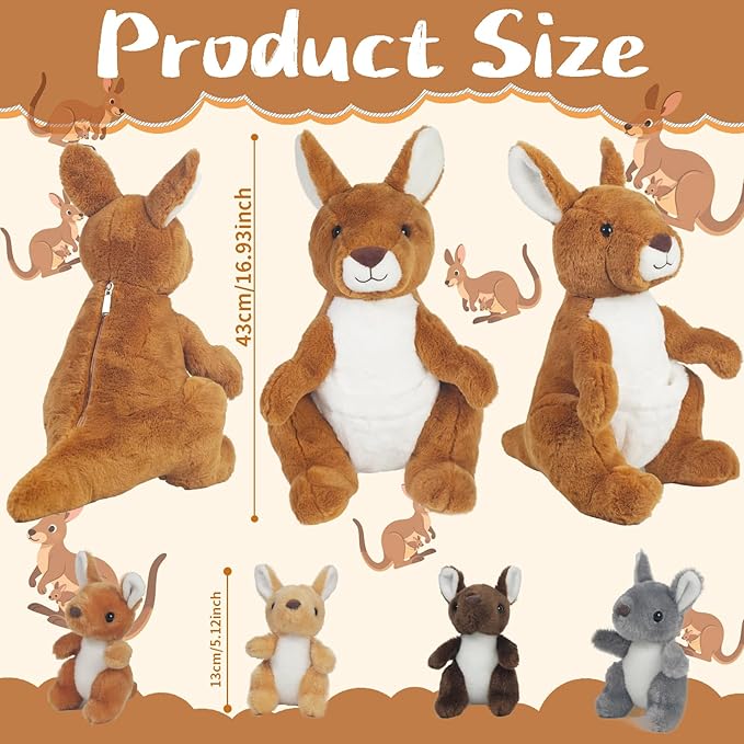 5 in 1 Kangaroo Stuffed Animal with Babies, 16'' Mommy Stuffed Kangaroo Plush Toy with 4 Baby Joey Plush and Pouch, Plush Kangaroos Set for Kids Boys Girls Birthday Christmas Plush Gifts Party Favors