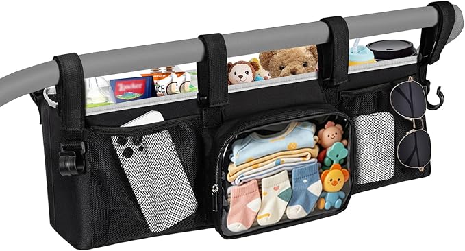Double Stroller Organizer for Bob Duallie Jogger City Mini GT2 and Jeep, Double Baby Stroller Caddy Accessories with 2 Cooler Pockets, Heavy Duty Parent Double Jogging Stroller Organizer (Empty Bag)