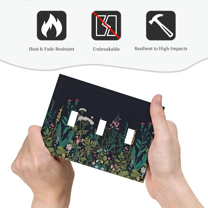 Boho Garden Flowers Weeds Floral Wildflowers Decorative Switch Plates 3 Gang Wall Plate Triple Toggle Light Switch Cover Faceplate Electrical Wall Panels for Bedroom Living Room Decor