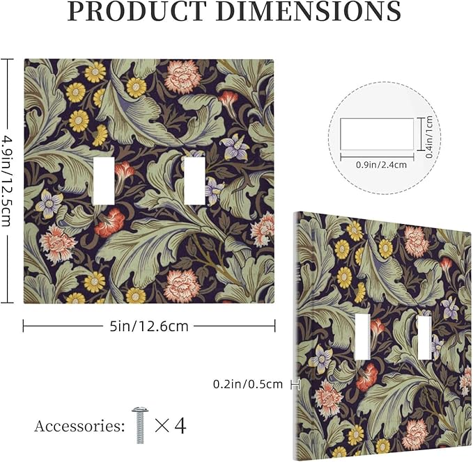 Boho William Morris Floral Green Leaves Flower Decorative Switch Plates 2 Gang Double Toggle Outlet Light Switch Cover Wall Plate Electrical Faceplate for Farmhouse Home Decor