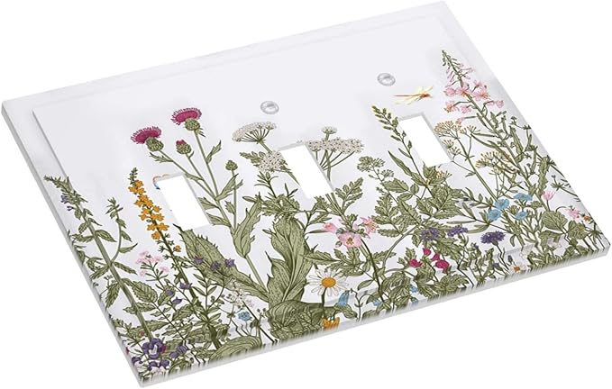 Rustic Wild Floral Vintage Teal Botanical Triple Toggle Light Switch Cover Decorative 3 Gang Wall Plates Electrical Faceplate for Decor Bathroom Kitchen Bedroom
