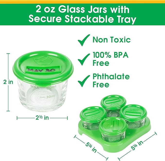 Glass Baby Food Storage Containers (4 Pk) - 2oz Jars in Stackable Storage Tray w Tight Interlocking Base- Dry-Erase Marker Labeling- Microwave Freezer Dishwasher Safe- Babyfood Breast Milk, Gift