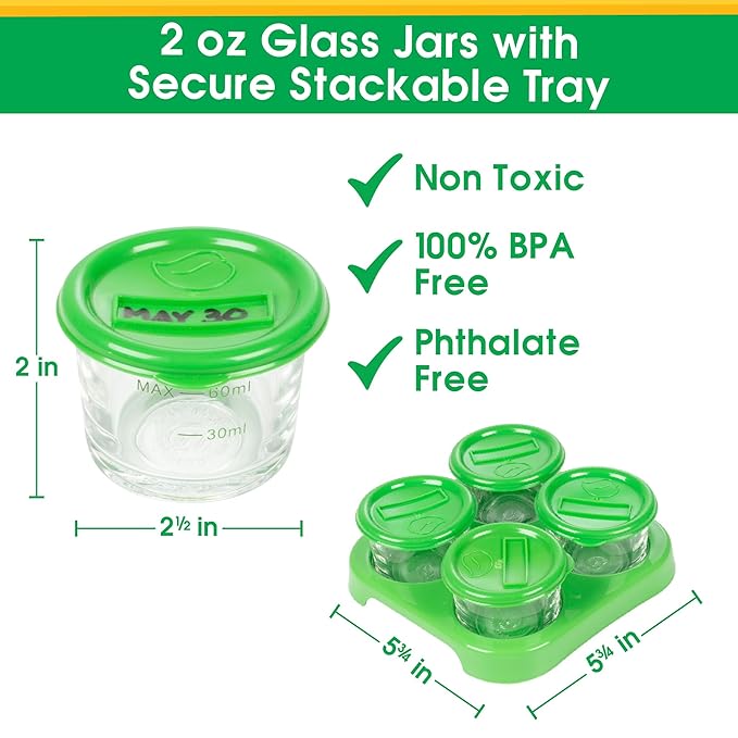 Glass Baby Food Containers (24 Pack) - 2oz Jar Container Includes Lids, Storage Tray, Dry-Erase Marker to Write On Lids - Microwave, Freezer, Dishwasher Safe - BPA & Phthalate Free Baby Food Storage