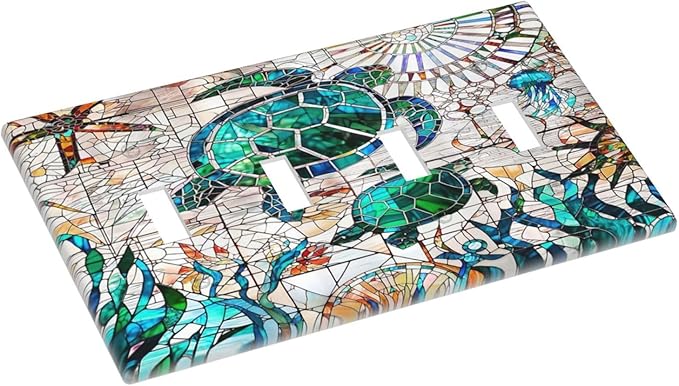 Hawaii Nautical Beach Decorative 4-Gang Quad Toggle Light Switch Wall Plate Cover, Sea Green/Blue Ocean Turtle Mosaic Ceramics Quadruple Toggle Device Switches Wall Plate Outlet Covers Standard Size