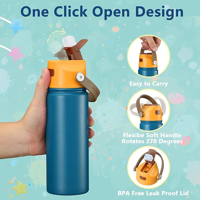 2 PACK 18 OZ Water Bottle for Kids, Stainless Steel Double Insulated Sports Water Bottle, Leak Proof Straw Cup for School, Gifts and Travel, BPA Free (Light Turquoise, Purple)