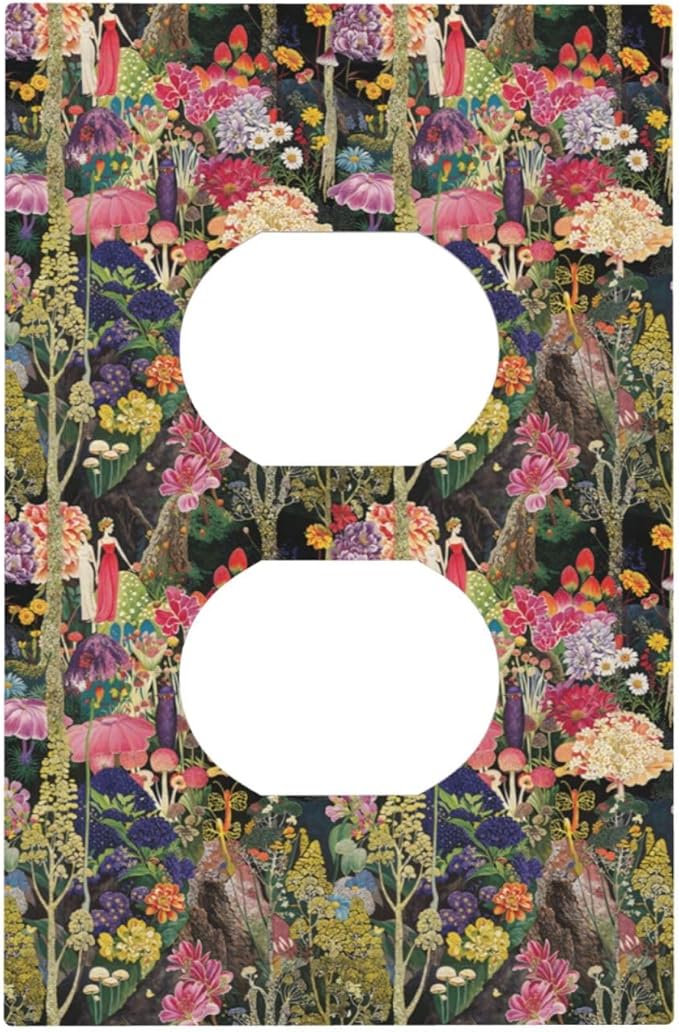 Dreamy Tropical Rainforest Colorful Mushroom Wildflower Outlet Covers 1 Gang Duplex Light Switch Cover Decorative Switch Plates Electrical Receptacle Faceplate Wall Plate for Farmhouse Kids Room Decor