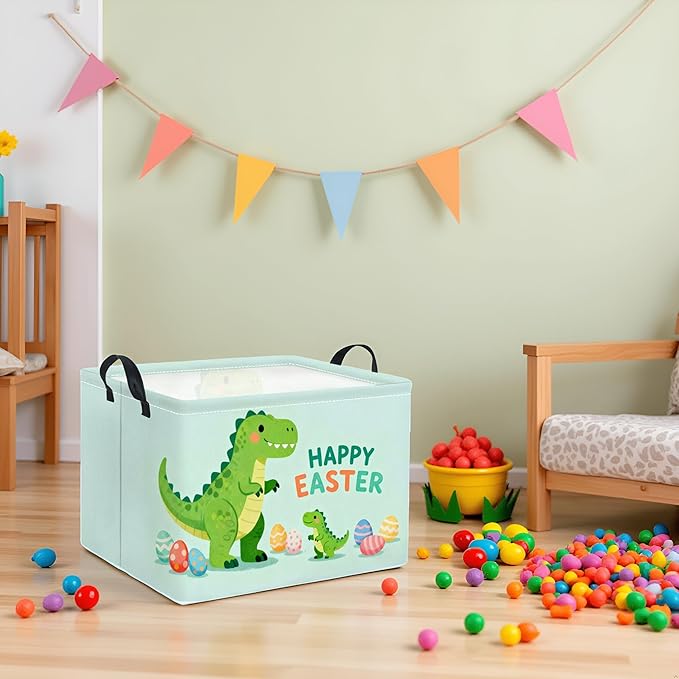 HIYAGON Rectangular Easter Basket Baby Girl Basket Fabric Storage Bin Organizer Box Room Decor(Easter Dinosaur)