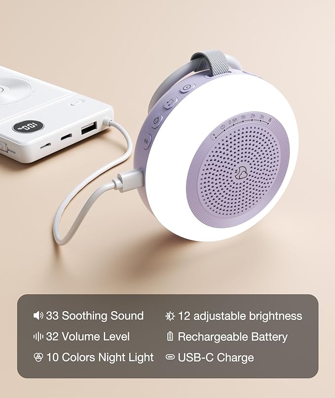 Portable Sound Machine,LEICEX White Noise Machine,33 Soothing Sound 10 Colors Night Light Sleep Machine for Baby Kids,Timer and Memory, Travel Sound Machine for Sleep Office Privacy Travel(Purple)