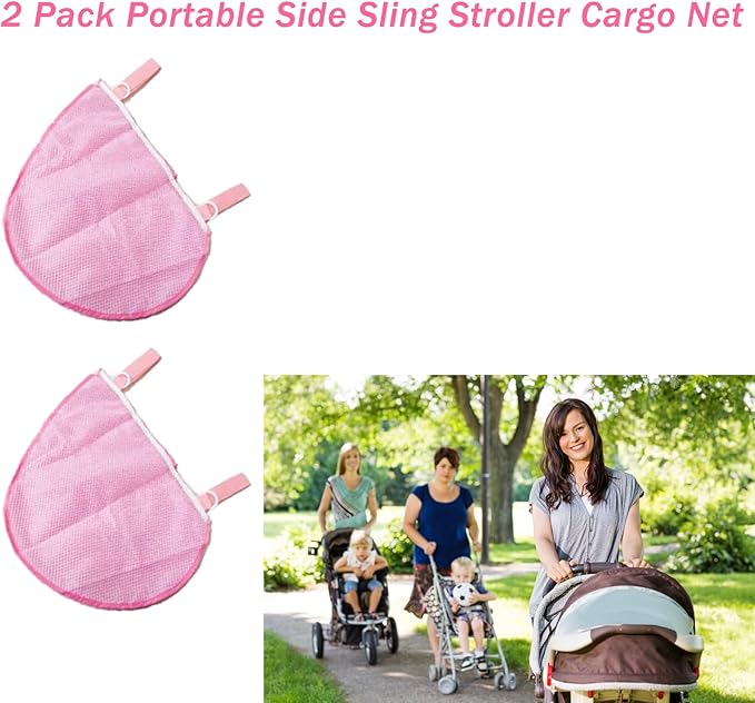 2 Pcs Portable Side Sling Stroller Cargo Net ,Non-Slip and Adjustable Straps Storage Mesh Bag ,Food Storage , Fruit Storage Bag for Baby Stroller Cargo Mesh Cargo Net for Stroller Storage (Pink)