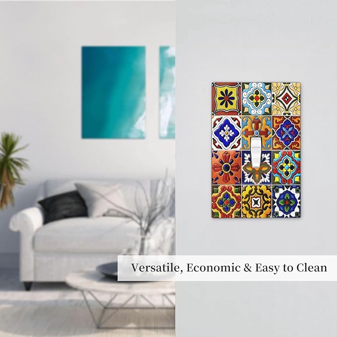 Vintage Colorful Boho Mexican Moroccan Tile Decorative Light Switch Cover 1 Gang Single Toggle Device Electrical Faceplate Switchplates Decorator Outlet Wall Plate for Farmhouse Home Decor