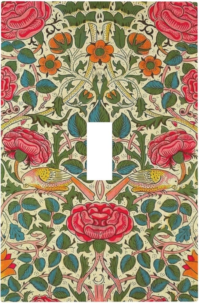 William Morris Roses Floral 1 Gang Light Switch Cover Single Toggle Wall Plate VintageTulip Flower Plant Bird Decorative Electrical Switchplate Covers for Country Bedroom Home Decor