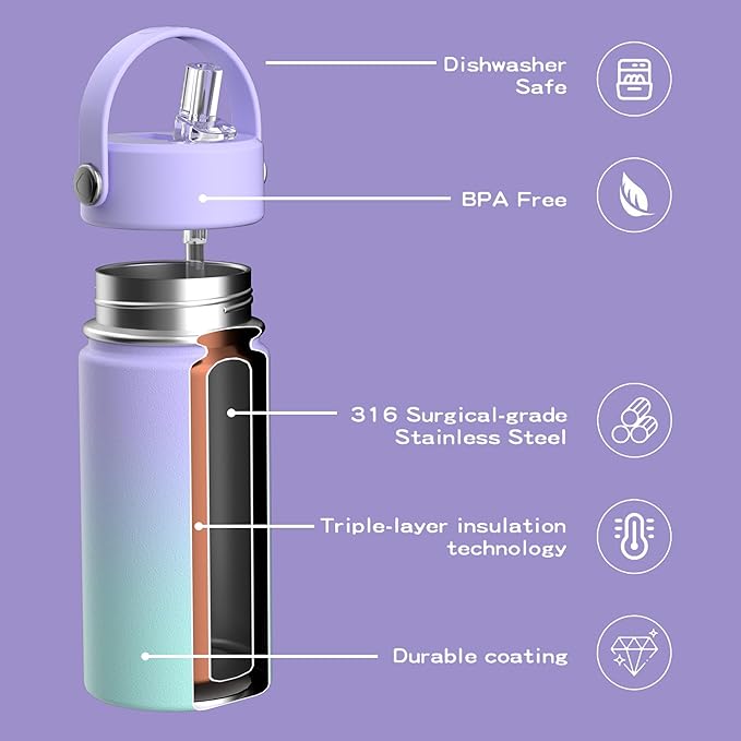 OISIZ Kids Water Bottle with Straw Lid 14oz, Vacuum Insulated 316 Stainless Steel Water Bottles for Kids for School, Leakproof Water Bottle, BPA Free and Keep Cold for 24 Hours