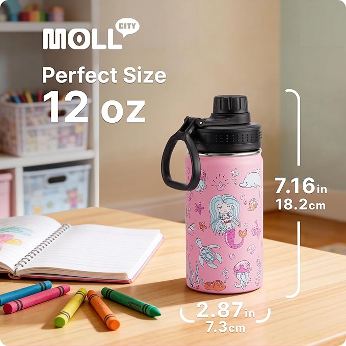 12 oz Stainless Steel Vacuum Insulated Water Bottle-Small Water Bottle BPA Free, Gift for Boy, Girls-Mermaid