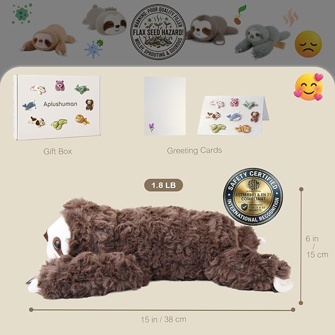 Aplushuman® Microwavable Heating Pad Brown Sloth Plush - Weighted Stuffed Animal Toy with Tourmaline Beads & Lavender - 1.8 lb for Long Lasting Cozy Warmth - Includes Gift Box & Greeting Card