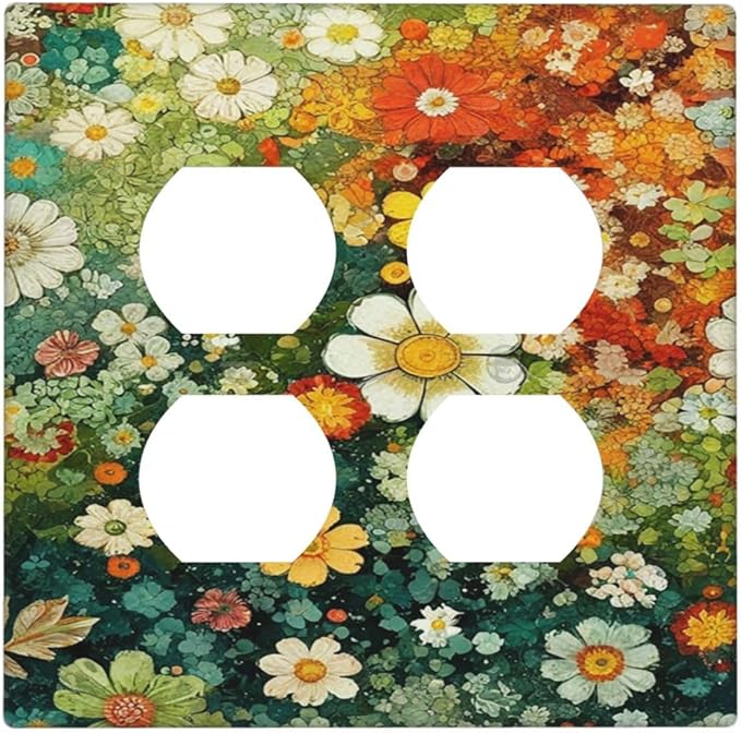 Decorative Light Switch Cover Plate Colorful Flowers Green Plants Meadow Floral 2 Gang Switch Plate Covers Double Duplex Wall Plates Switch Plates and Outlet Covers for Bathroom Bedroom