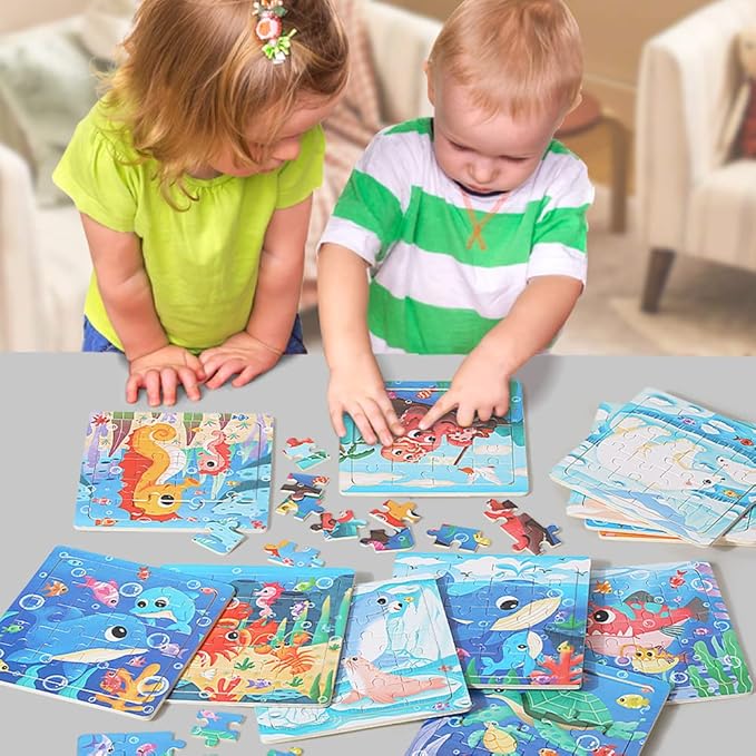 GRINNNIE Wooden Puzzle for Toddlers 3 4 5 Years Old, 12 PCS Jigsaw Ocean Animals Puzzles Preschool Learning Toys for Travel or Car, Birthday for Boys and Girls (Pack of 2)