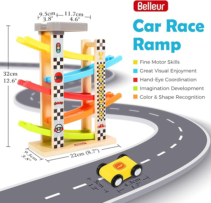 Belleur Montessori Toy for 1-3 Years Old Boys and Girls, Kid Race Track Car for Toddlers with 5 Mini Cars & 5 Ramps, Wooden Montessori Car Ramp Toy Set for Babies' Birthday Gifts, Visit Gifts