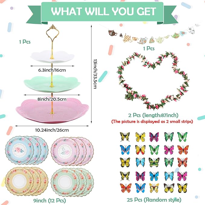 121 Pcs Floral Tea Party Dinnerware Set Include 9 oz Paper Cups and Saucers, Napkins, 3 Tier Cake Stand, Serving Platter, Butterfly Decorations, Flower Banner Tableware for Birthday Wedding