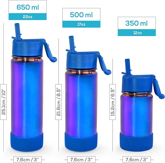 CHILLOUT LIFE 22 oz Kids Insulated Water Bottle for School with Straw Lid Leakproof and Cute Waterproof Stickers, Personalized Stainless Steel Thermos Flask Metal Water Bottle, Ocean Blue