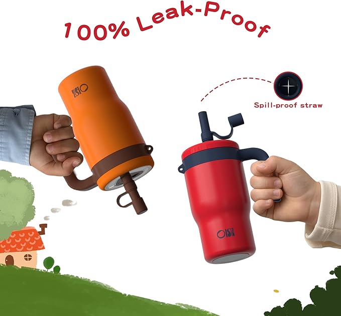 OISIZ 14oz Kids Tumbler with Straw Lid & Handle,Kids Cup with Animal Accessory for School,Kids Water Bottles with Dust-proof Cover,Leakproof Water Bottles,316 Stainless Steel,Keep Cold 24 Hours-red