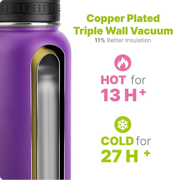 Insulated Water Bottle-32 oz Stainless Steel Vacuum Wide Mouth Sports Flask with Silicone Boot-Reusable Metal Leak Proof Travel Water Bottle for Girls Boys, BPA-Free(Purple)
