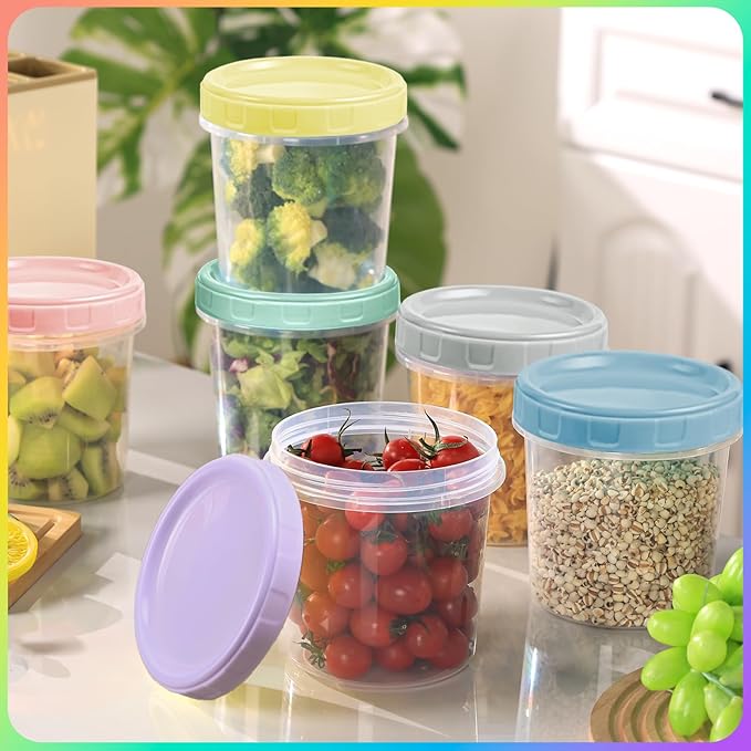 Yomarket 6pcs 32 oz Plastic Containers with Screw Top Lids, Reusable Clear Food Storage Containers with Pen and Brush, Leakproof Freezer Soup Containers, Microwave & Dishwasher Safe