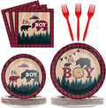 gisgfim 96 Pcs Buffalo Plaid Lumberjack Party Plates and Napkins Party Supplies Boy Red Plaid Party Tableware Set Christmas Decorations Favors for Birthday Baby Shower for 24 Guests
