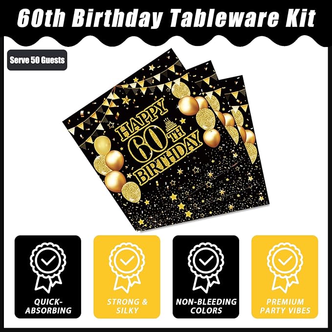 Kepeel 200Pcs 60th Birthday Party Tableware Set, Back in 1966 Birthday Party Decorations Supplies for Men Women Cheers to 60 Years Disposable Paper Plates Napkins Forks Favors, Serve 50