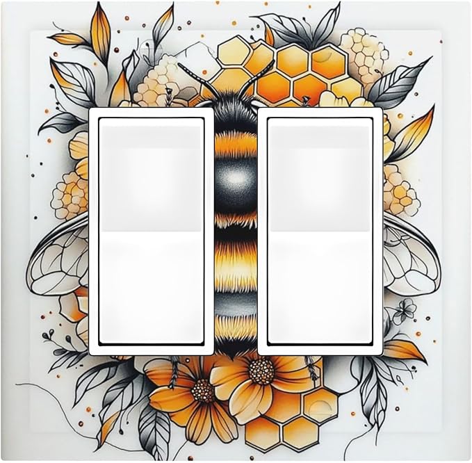 Decorative Outlet Covers Bee Honeycomb Flowers Plant Leaves 2 Gang Double Gfci Rocker Electrical Wall Panels Light Switch Cover Plate For Nursery Kids Room Decor