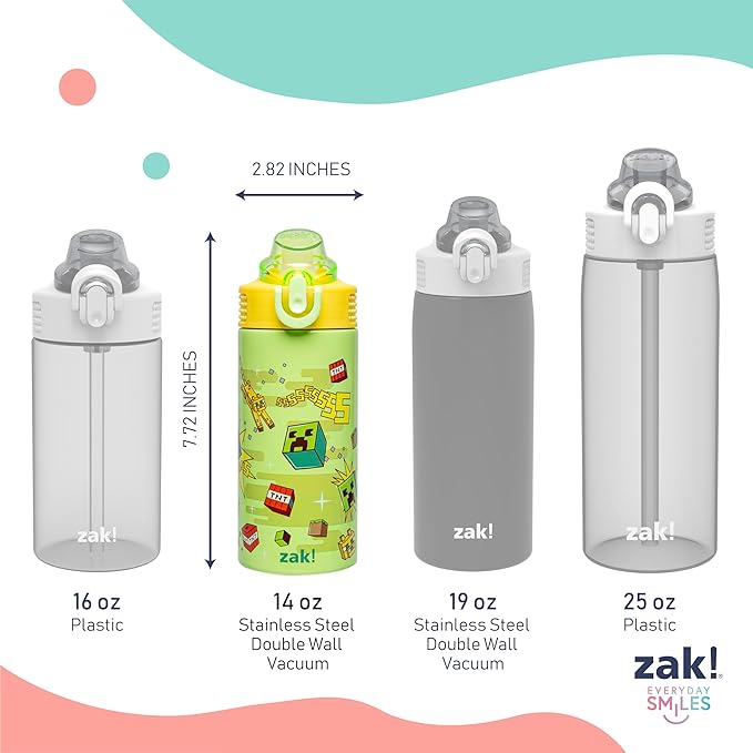 Zak Designs Minecraft Sage Kids Water Bottle For School or Travel, 14oz Stainless Steel Water Bottle With Straw, Handle, and Leak-Proof, Pop-Up Spout Cover (Creeper)
