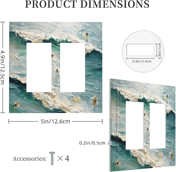 Beach Waves Ocean Surfing Hoverboard Painting Print Decorative Outlet Covers 2 Gang Double GFCI Rocker Electrical Wall Panels Light Switch Cover Plate for Bedroom Living Room Decor