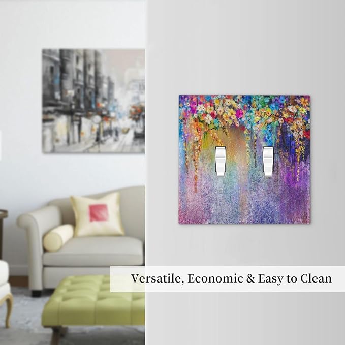 Colorful Floral Watercolor Flower Double Toggle Light Switch Cover Decorative Purple Garden 2 Gang Wall Plate Electrical Faceplate Switchplate for Farmhouse Bathroom Bedroom Living Room Decor