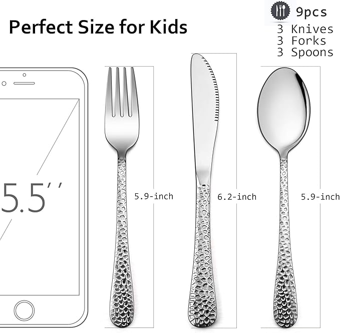 Hammered Kids Utensils Silverware Set, LIANYU 9-Piece Stainless Steel Toddler Child Flatware Cutlery, Cute Baby Feeding Tableware for Boys and Girls, Dishwasher Safe