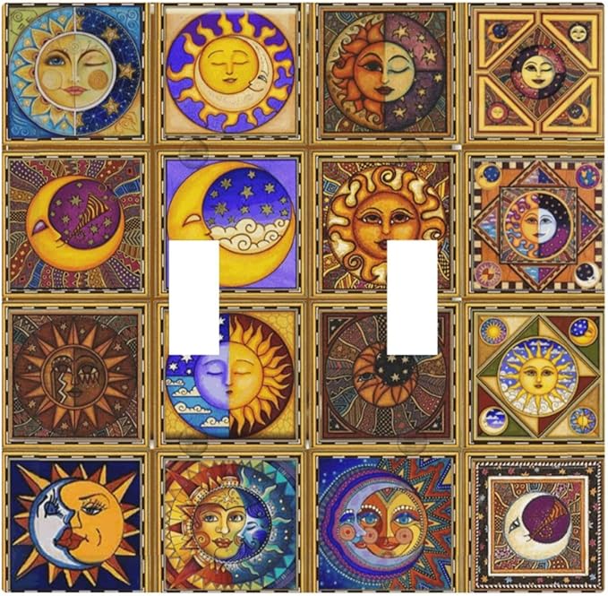 Mexican Talavera Tiles Star Pattern Celestials Theme Print Decorative Switch Plates 2 Gang Double Toggle Outlet Light Switch Cover Wall Plate Electrical Faceplate for Kitchen Home Decor
