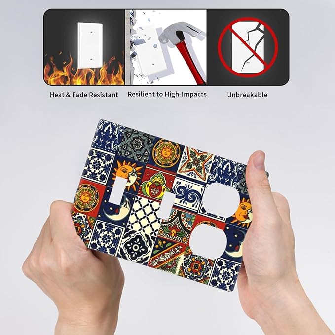 Colorful Boho Mexican Tiles 3-Gang 2-Toggle 1-Duplex Receptacle Combination Light Switch Decorative Mandala Moon and Sun Witchy Gothic Triple Combo Device Switches/Rocker Outlet Covers and Wall Plate