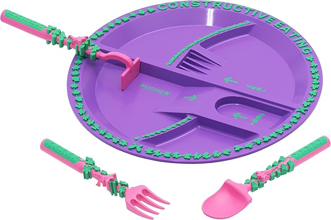 Constructive Eating Plate and Utensils Set - USA-Made Toddler Dinnerware with Divided Plates (Garden Fairy)