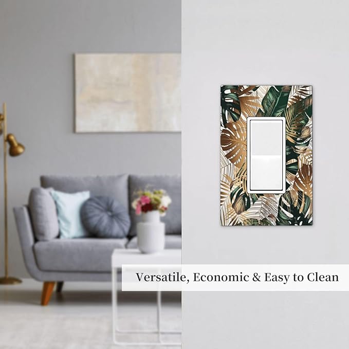 Green Tropical Leaves Gold Palm Leaf Botanical 1 Gang Rocker Light Switch Covers Decorative Unique Single Decora Outlet Wall Plate Faceplate Switchplate GFCI for Bedroom Bathroom Decor